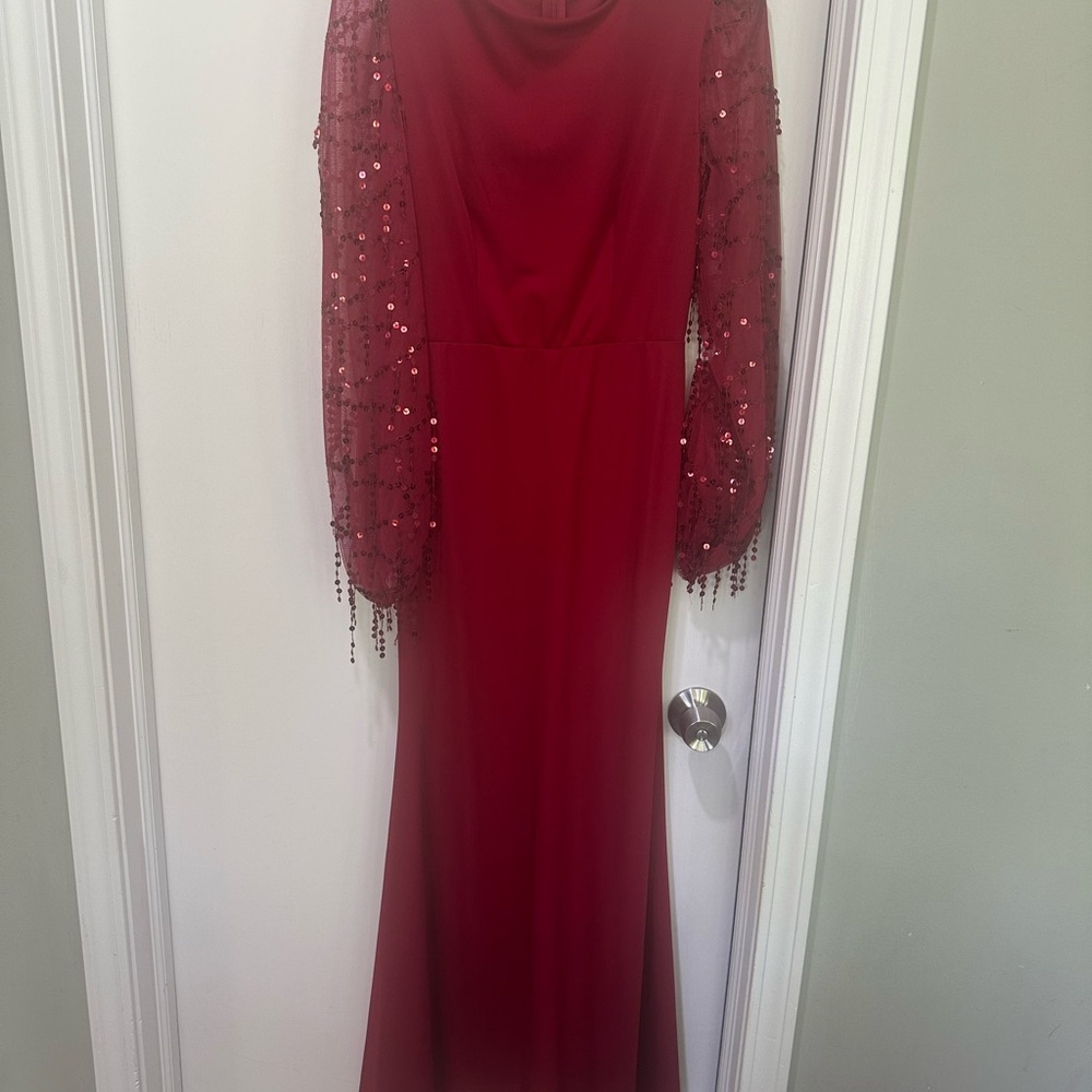 Elegant Red Evening Gown with Sequin Sleeve Detail
